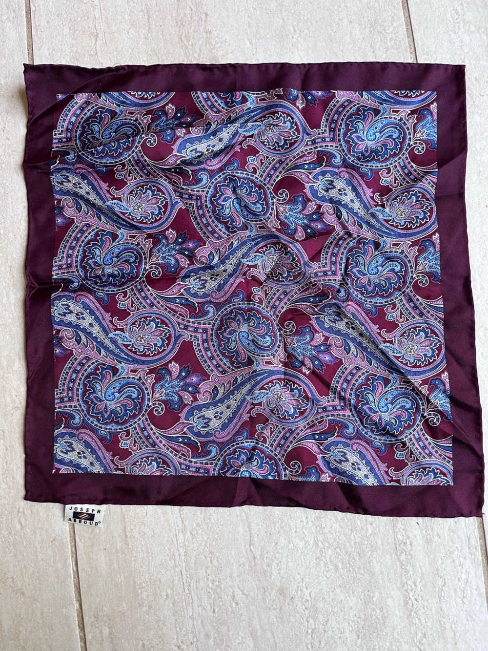 Joseph Aboud 100% Silk Pocket Square Handkerchief Burgundy Paisley NWOT